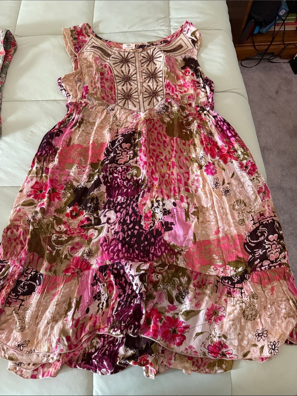 #0178 Forbidden Boho Patchwork Sleeveless Midi Dress | Pink Floral | Size L